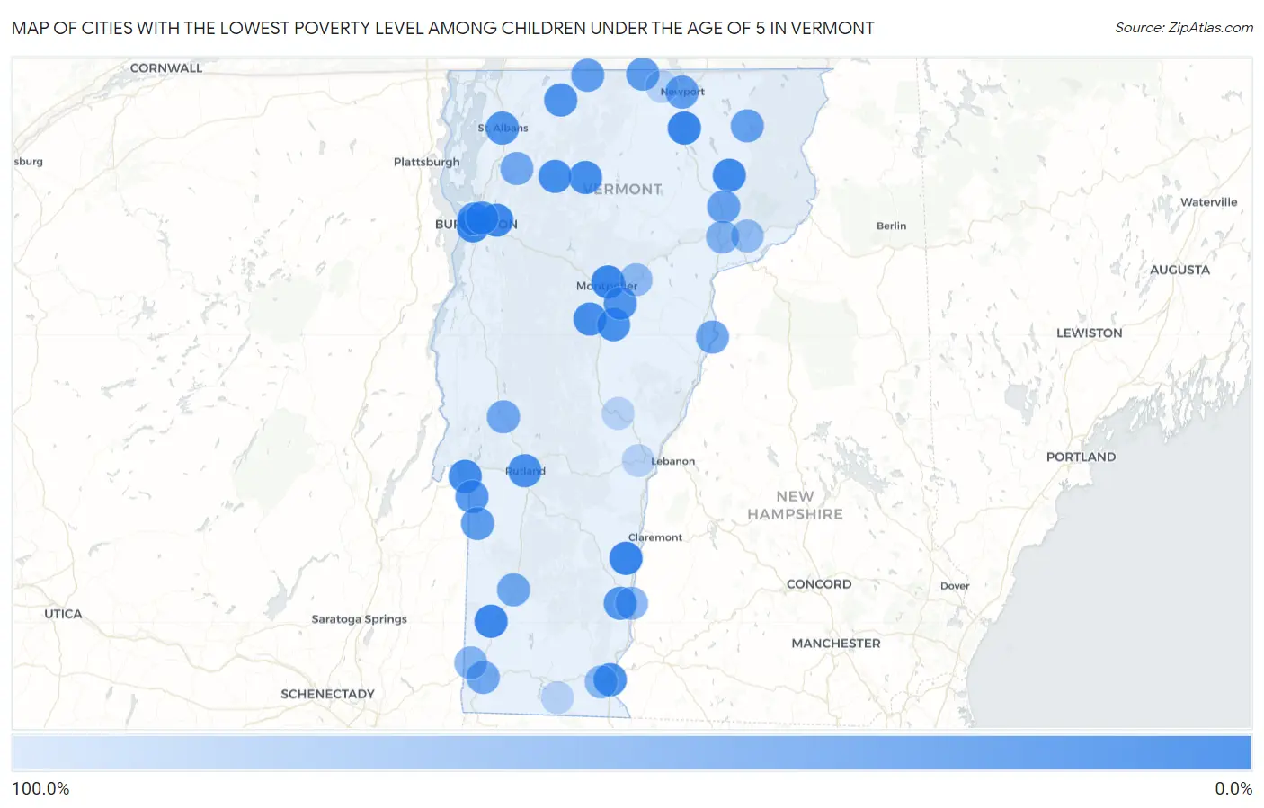 Cities with the Lowest Poverty Level Among Children Under the Age of 5 in Vermont Map