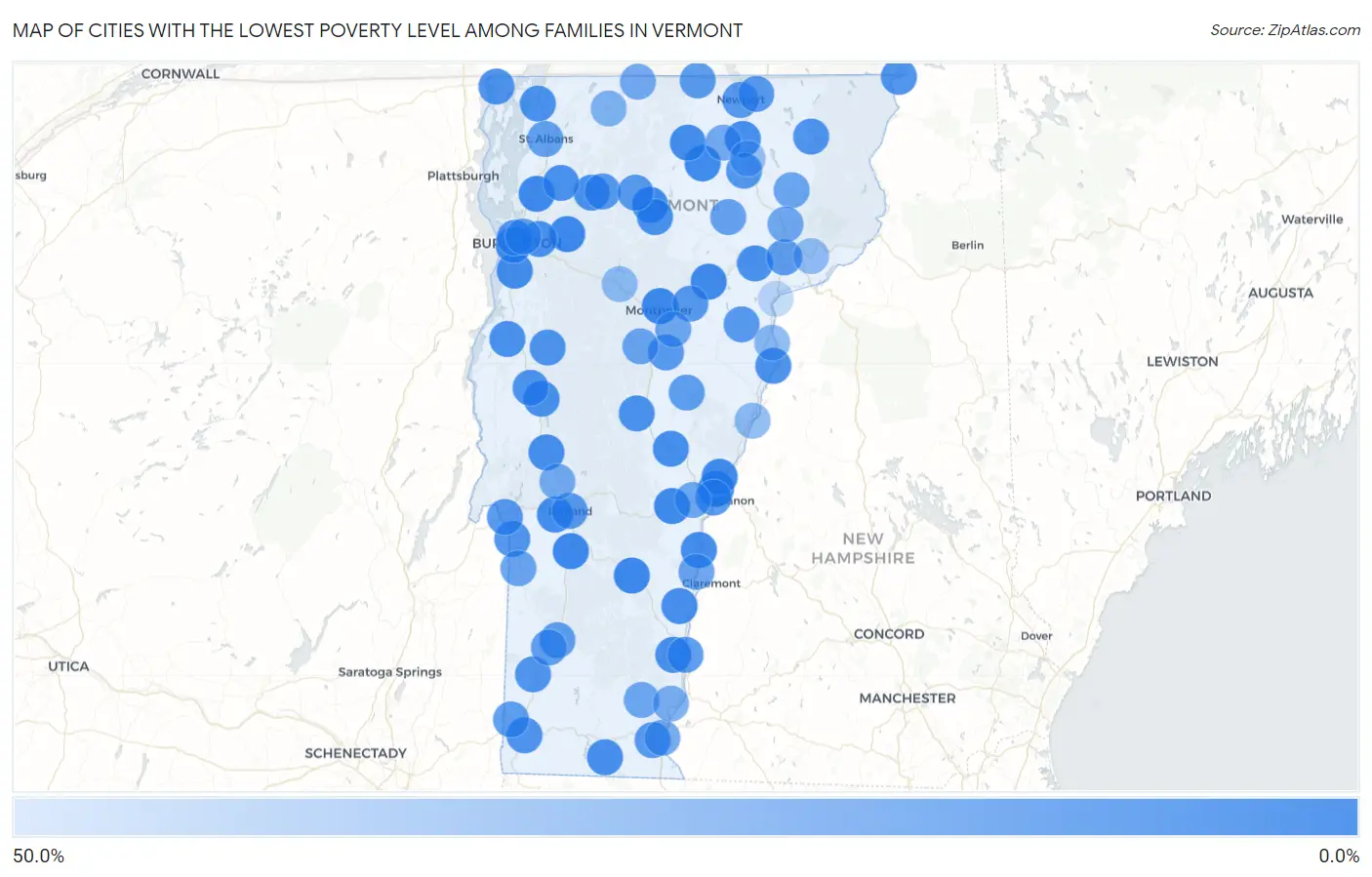 Cities with the Lowest Poverty Level Among Families in Vermont Map