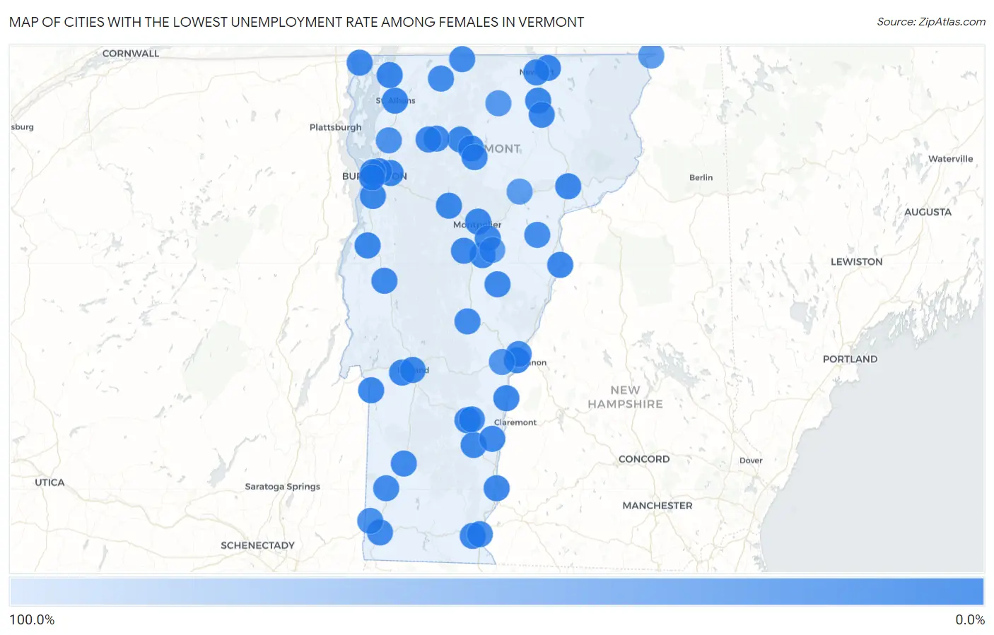 Cities with the Lowest Unemployment Rate Among Females in Vermont Map