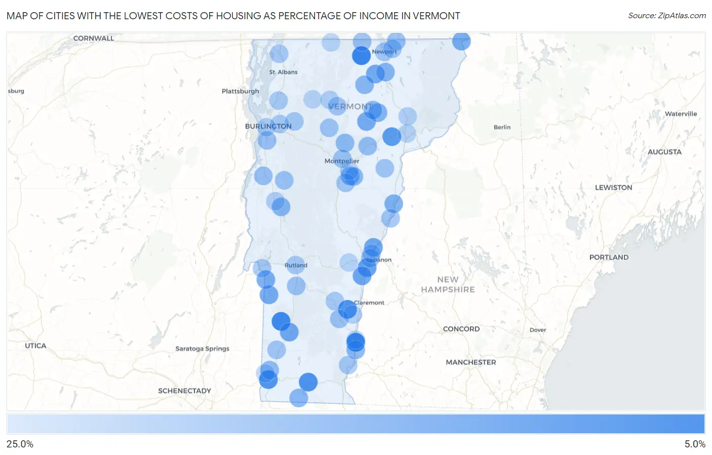 Cities with the Lowest Costs of Housing as Percentage of Income in Vermont Map