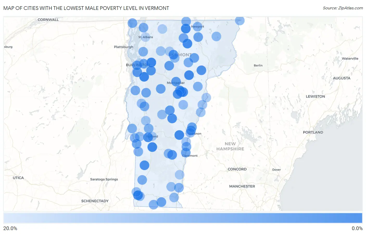 Cities with the Lowest Male Poverty Level in Vermont Map