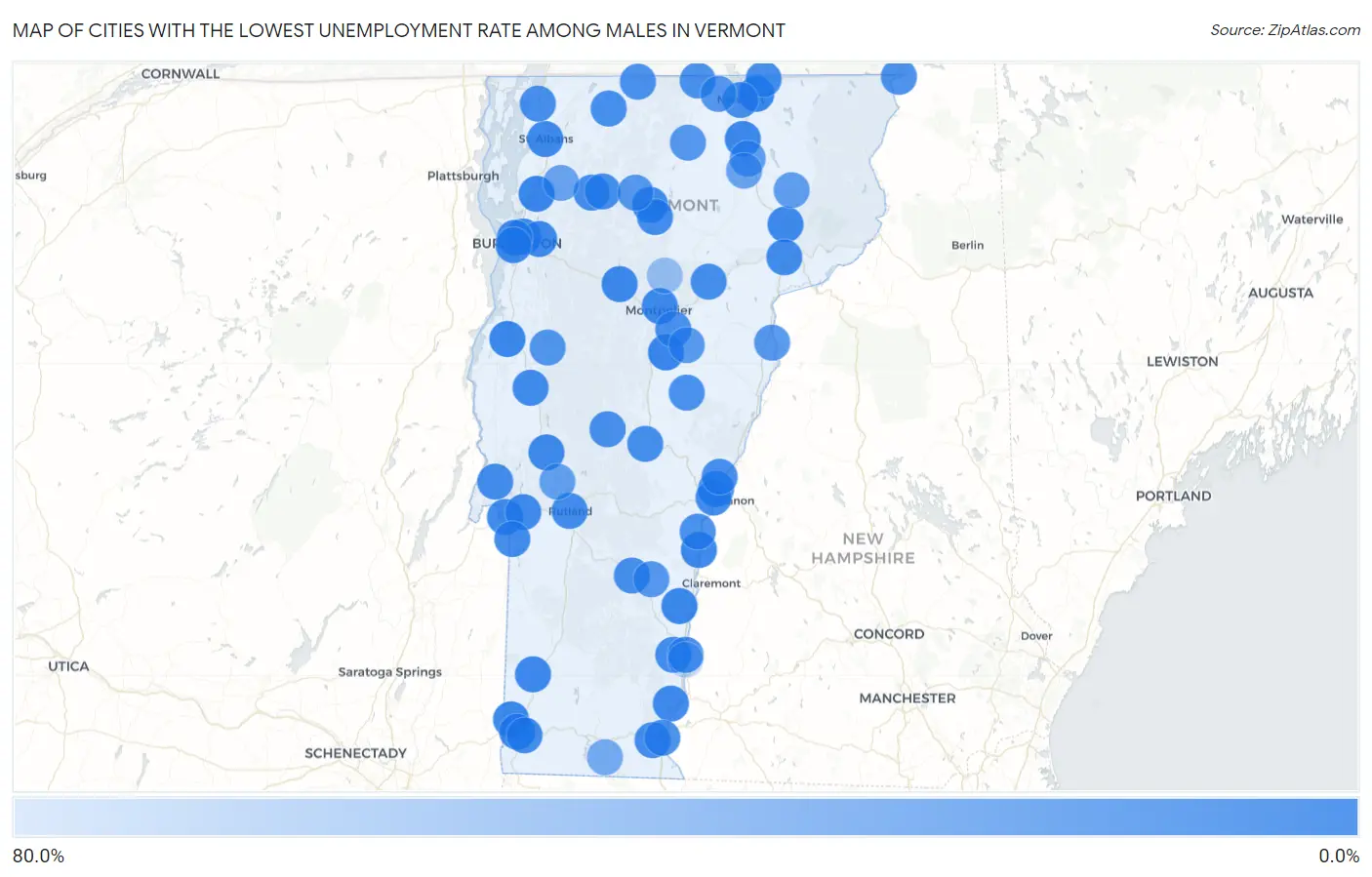 Cities with the Lowest Unemployment Rate Among Males in Vermont Map