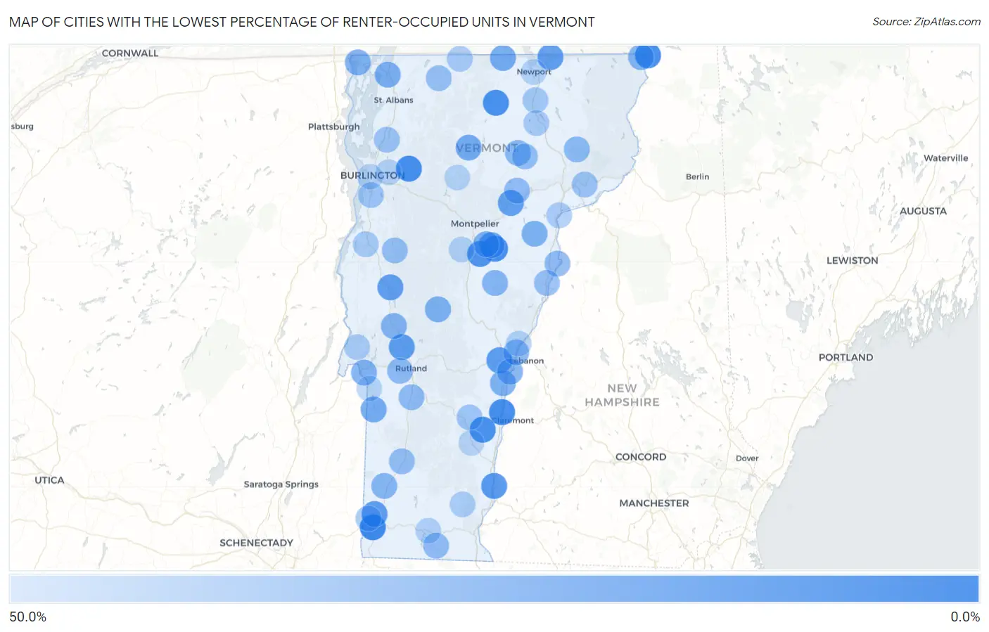 Cities with the Lowest Percentage of Renter-Occupied Units in Vermont Map