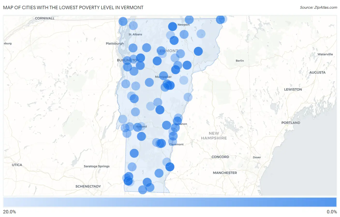 Cities with the Lowest Poverty Level in Vermont Map