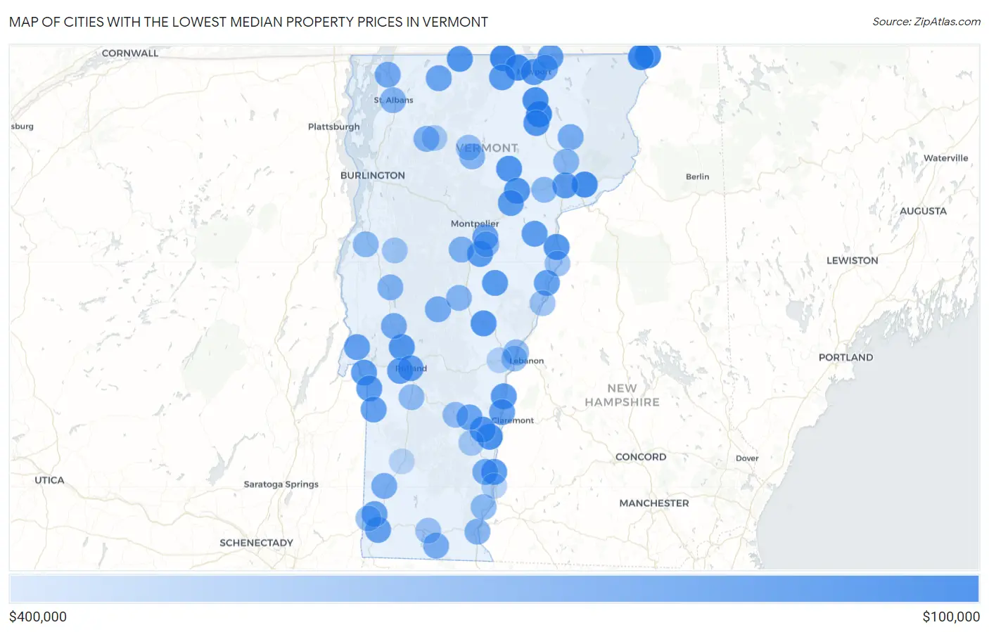 Cities with the Lowest Median Property Prices in Vermont Map