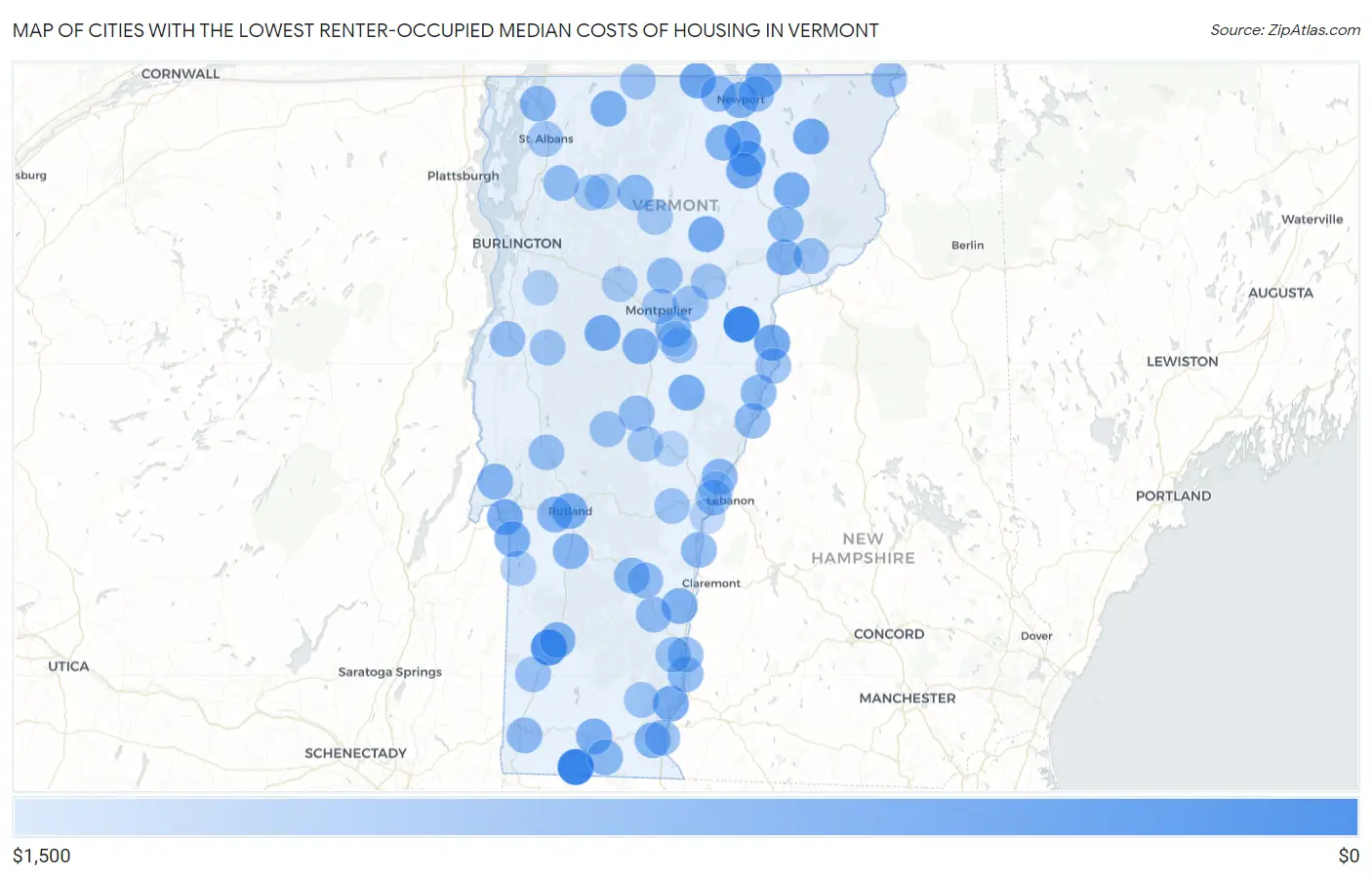 Cities with the Lowest Renter-Occupied Median Costs of Housing in Vermont Map