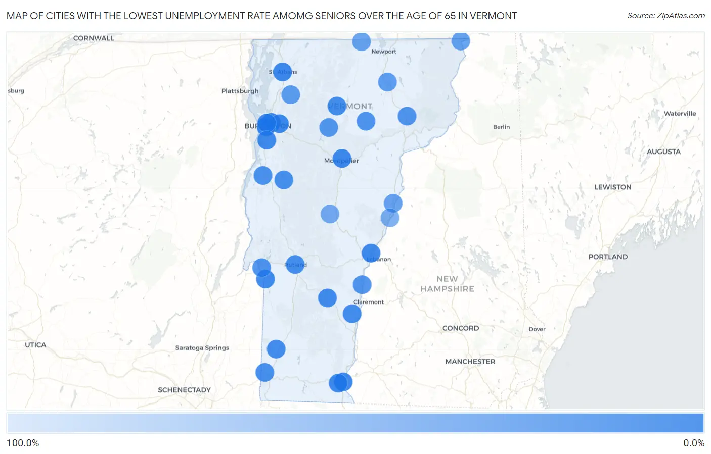 Cities with the Lowest Unemployment Rate Amomg Seniors Over the Age of 65 in Vermont Map