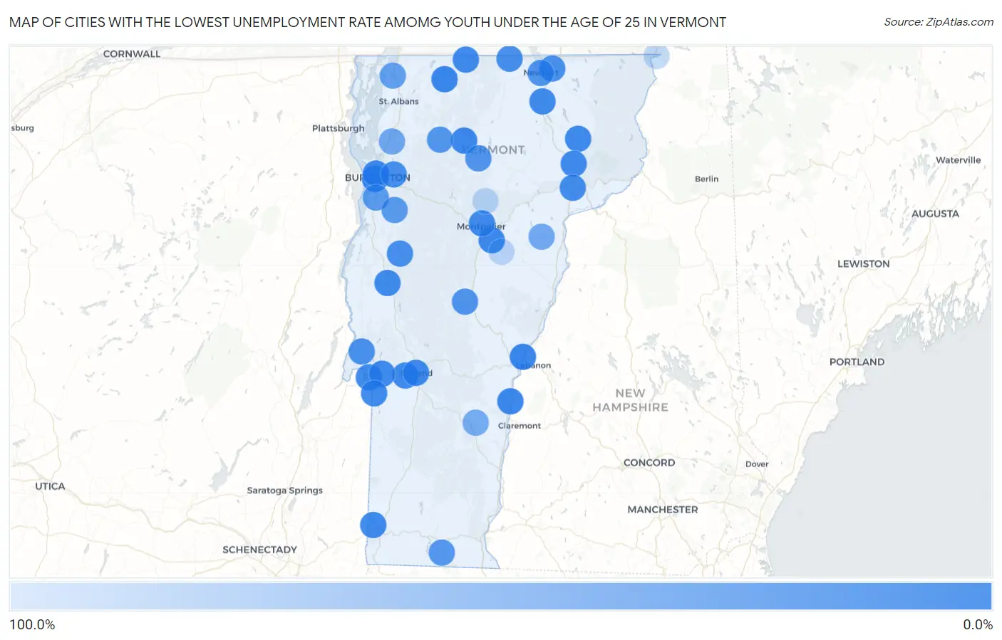 Cities with the Lowest Unemployment Rate Amomg Youth Under the Age of 25 in Vermont Map