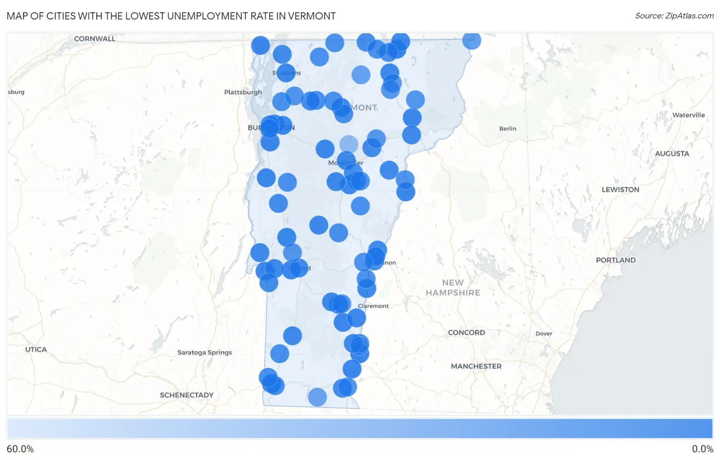 Cities with the Lowest Unemployment Rate in Vermont Map