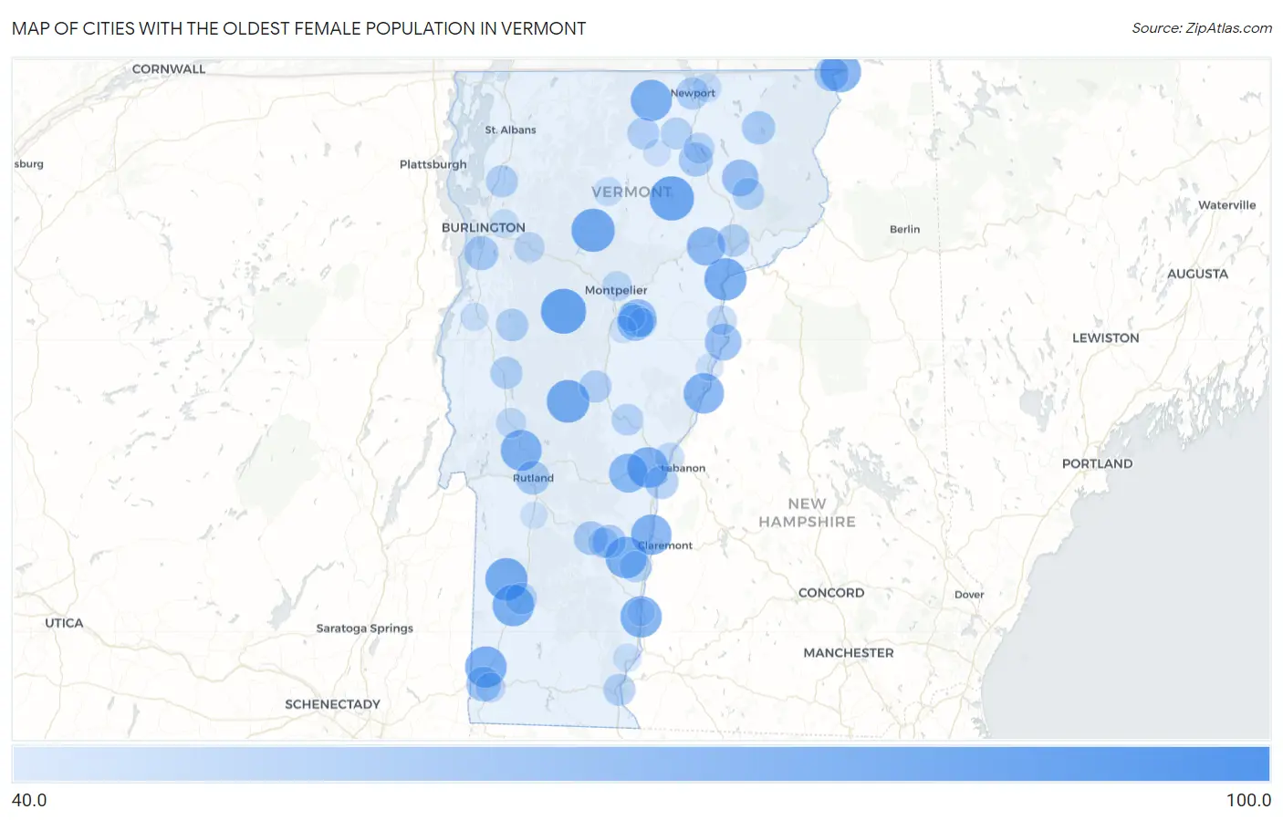Cities with the Oldest Female Population in Vermont Map