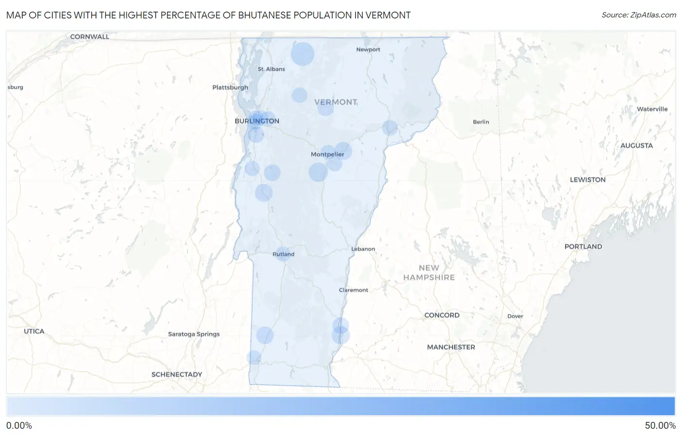 Cities with the Highest Percentage of Bhutanese Population in Vermont Map