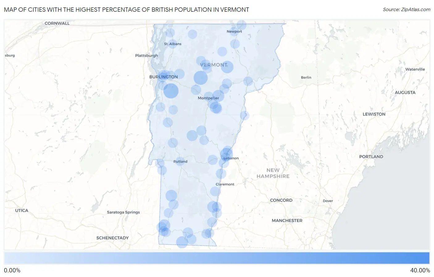 Cities with the Highest Percentage of British Population in Vermont Map