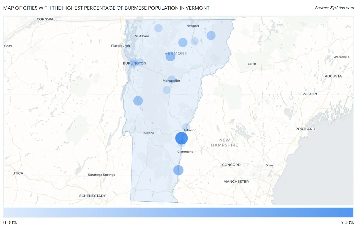 Cities with the Highest Percentage of Burmese Population in Vermont Map