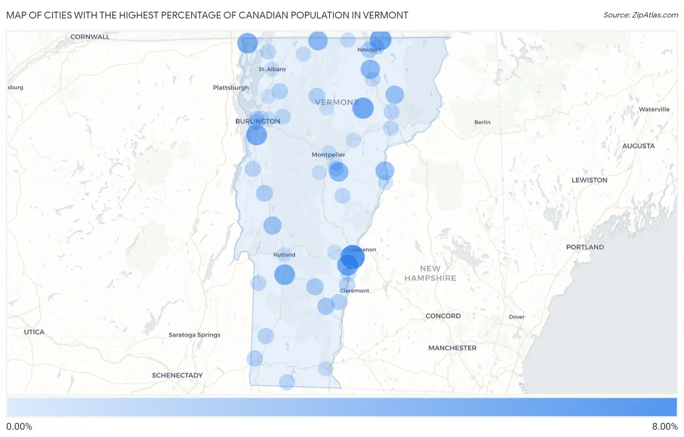 Cities with the Highest Percentage of Canadian Population in Vermont Map