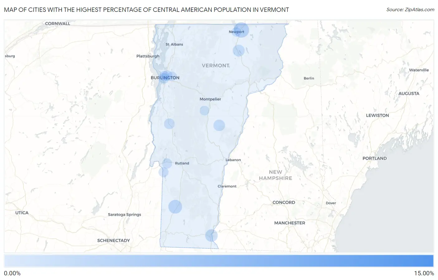 Cities with the Highest Percentage of Central American Population in Vermont Map