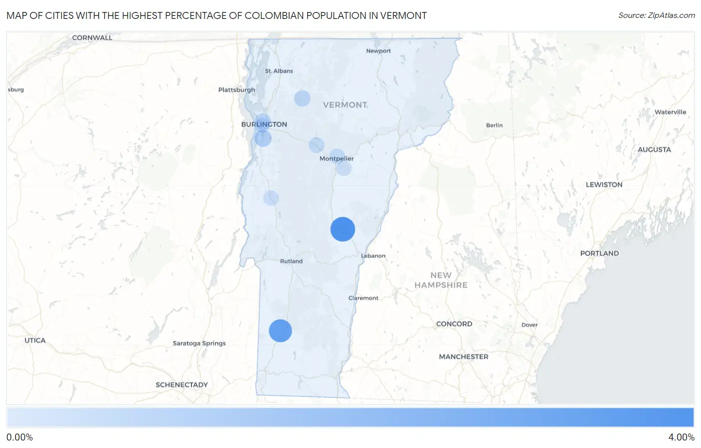 Cities with the Highest Percentage of Colombian Population in Vermont Map
