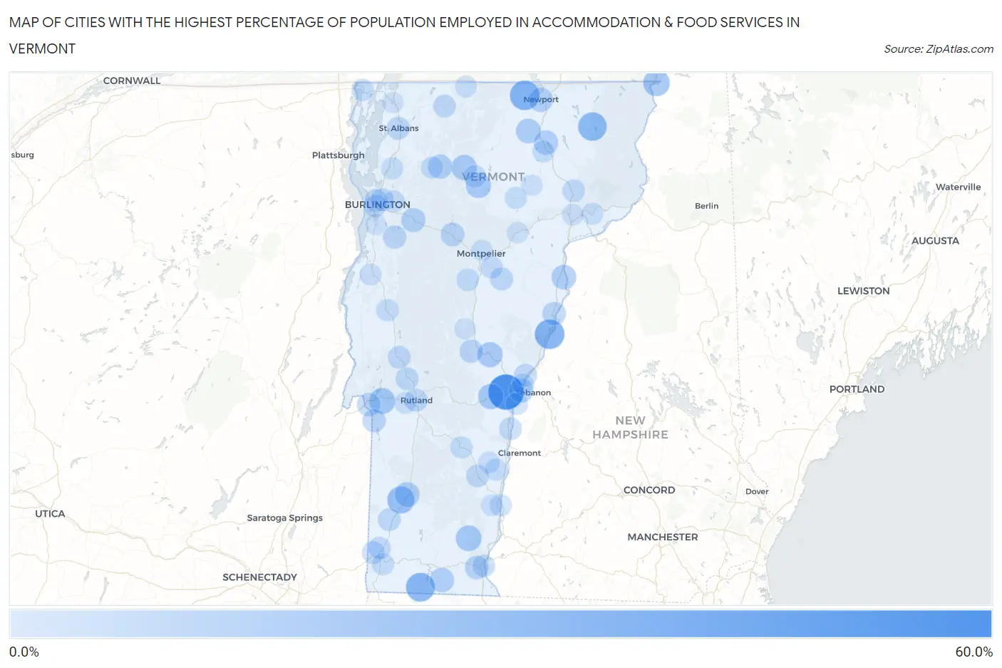 Cities with the Highest Percentage of Population Employed in Accommodation & Food Services in Vermont Map