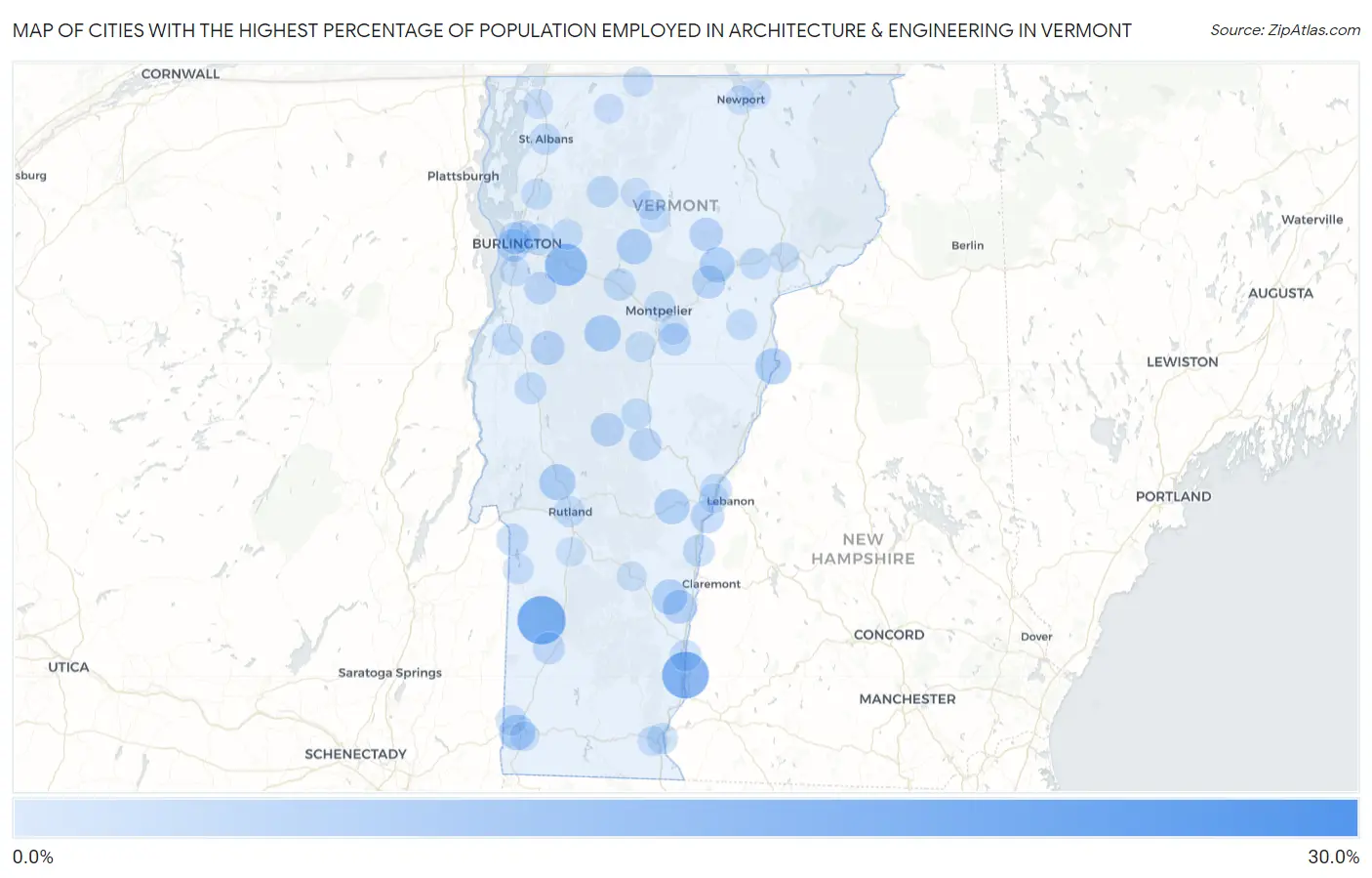Cities with the Highest Percentage of Population Employed in Architecture & Engineering in Vermont Map