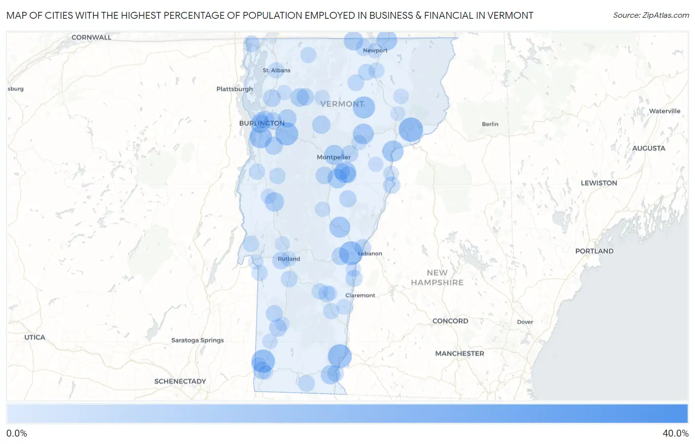 Cities with the Highest Percentage of Population Employed in Business & Financial in Vermont Map