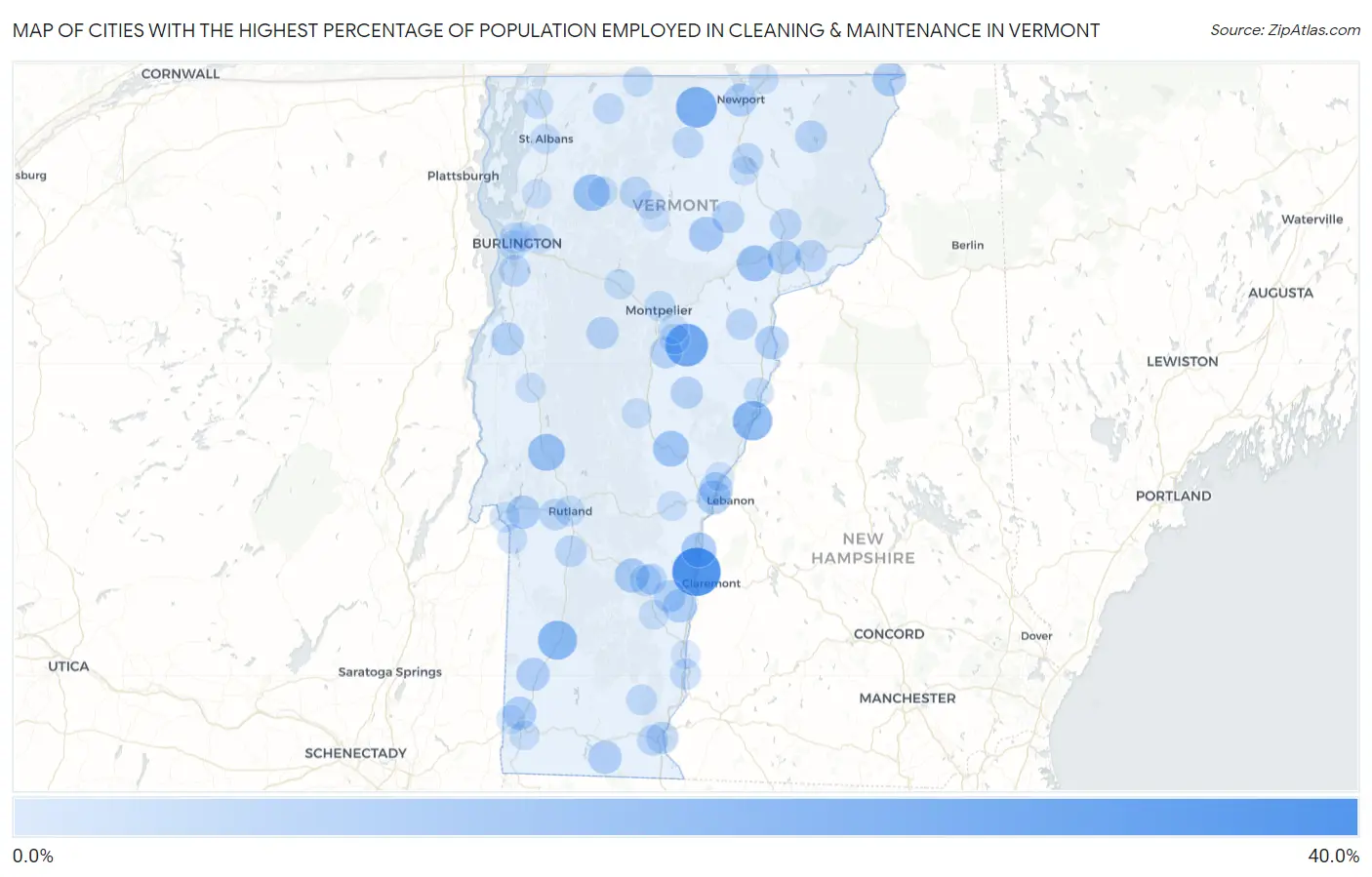 Cities with the Highest Percentage of Population Employed in Cleaning & Maintenance in Vermont Map