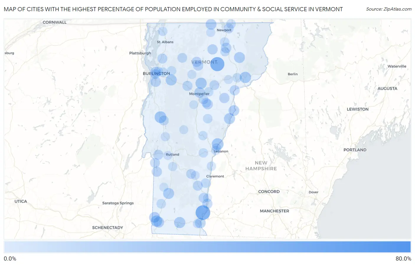 Cities with the Highest Percentage of Population Employed in Community & Social Service  in Vermont Map