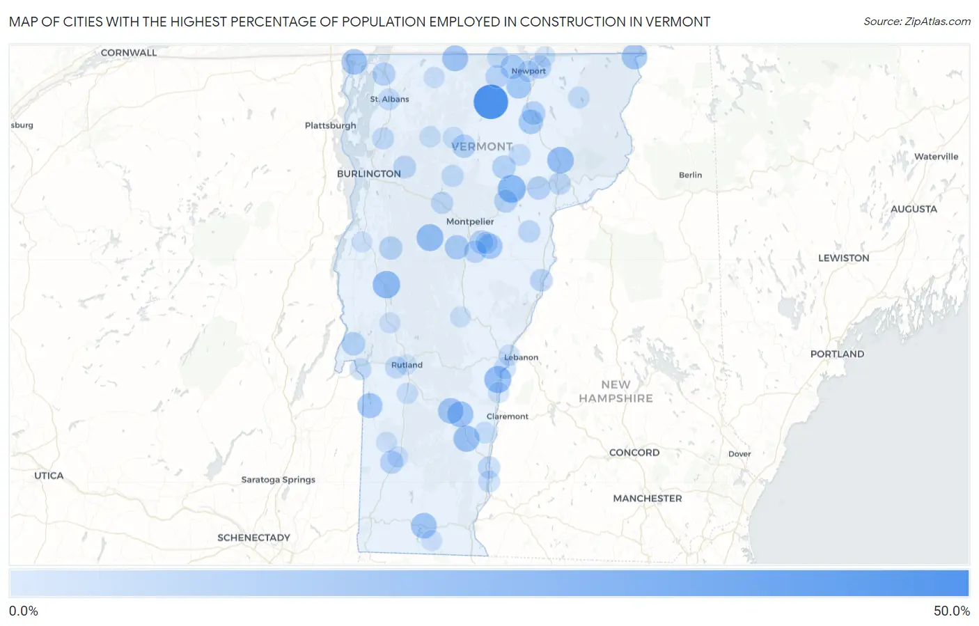 Cities with the Highest Percentage of Population Employed in Construction in Vermont Map