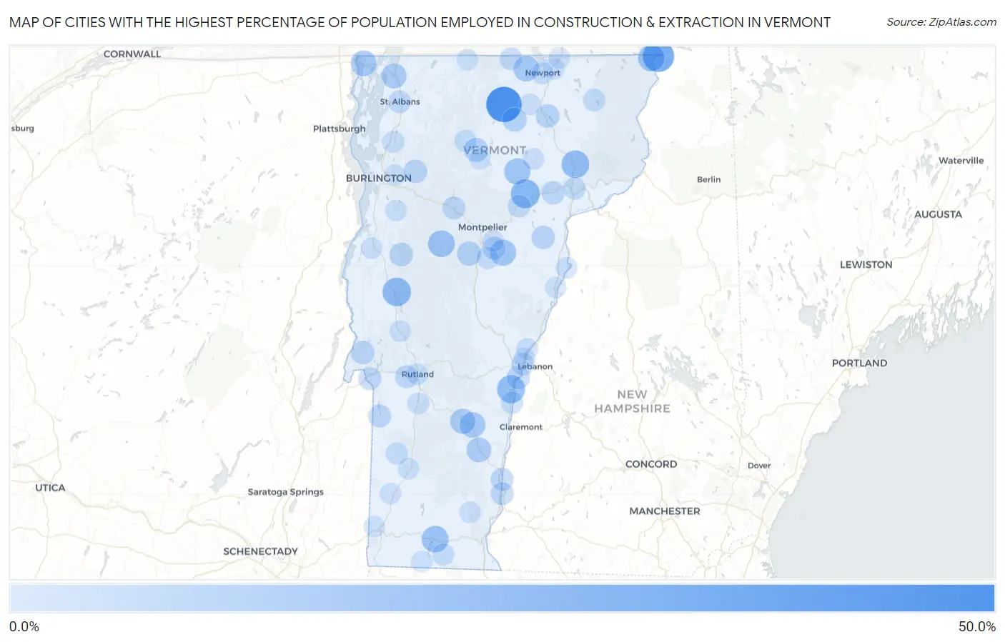 Cities with the Highest Percentage of Population Employed in Construction & Extraction in Vermont Map