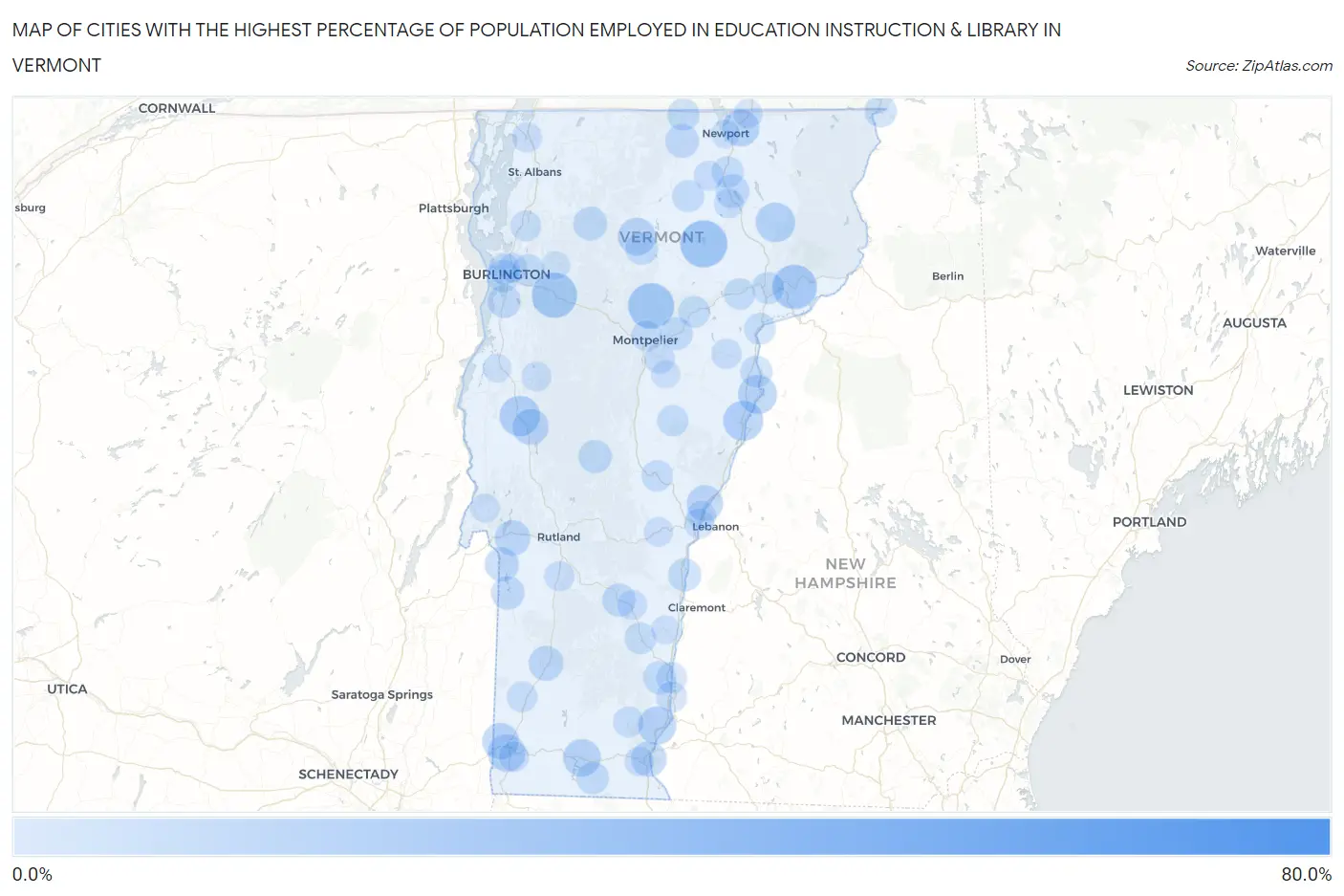 Cities with the Highest Percentage of Population Employed in Education Instruction & Library in Vermont Map