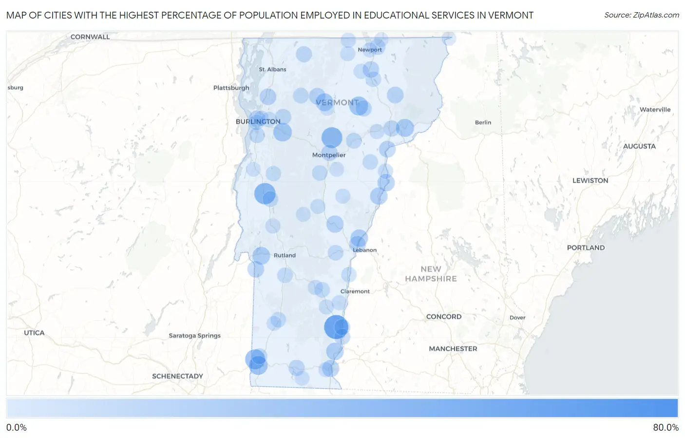 Cities with the Highest Percentage of Population Employed in Educational Services in Vermont Map