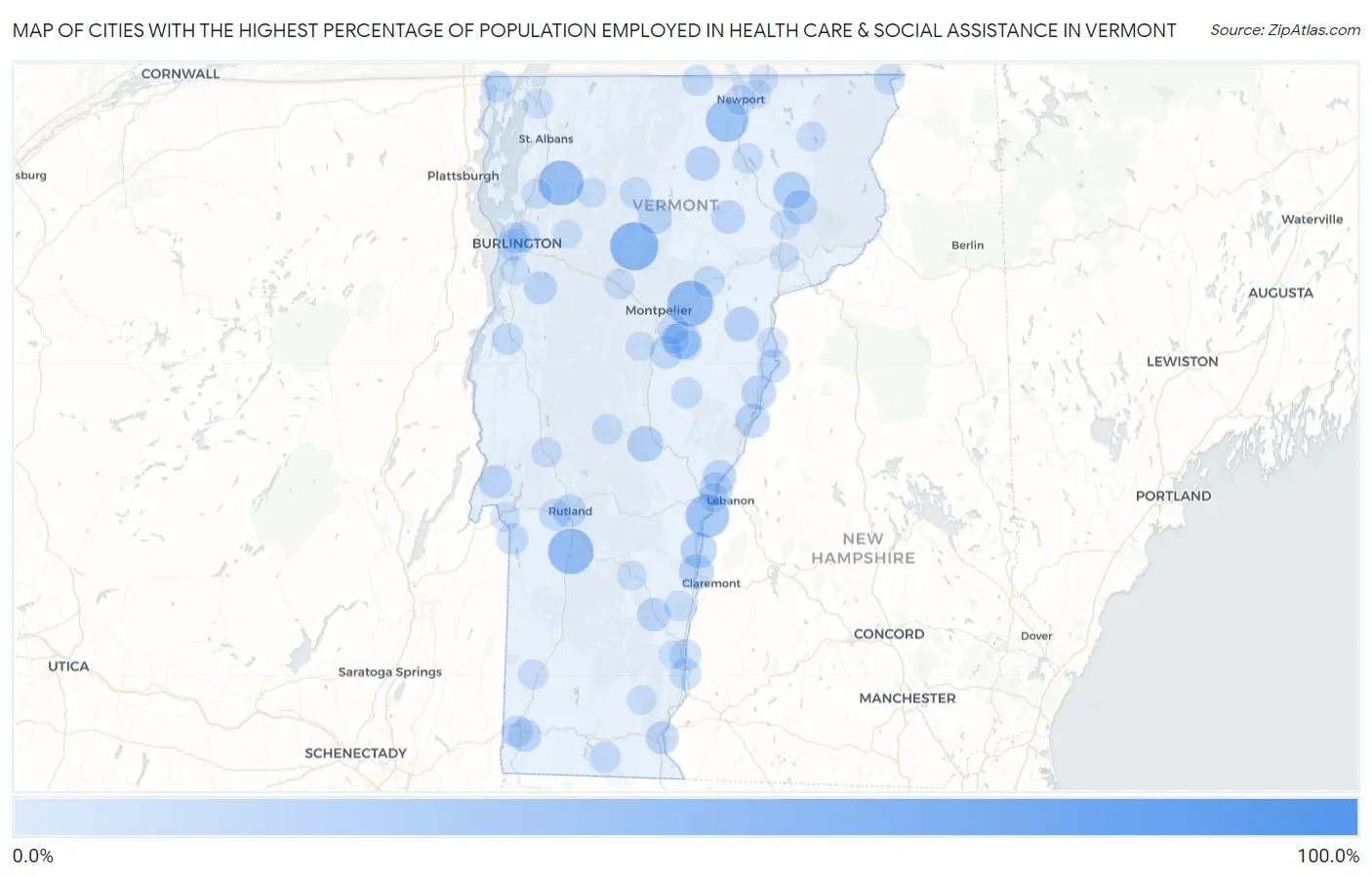 Cities with the Highest Percentage of Population Employed in Health Care & Social Assistance in Vermont Map