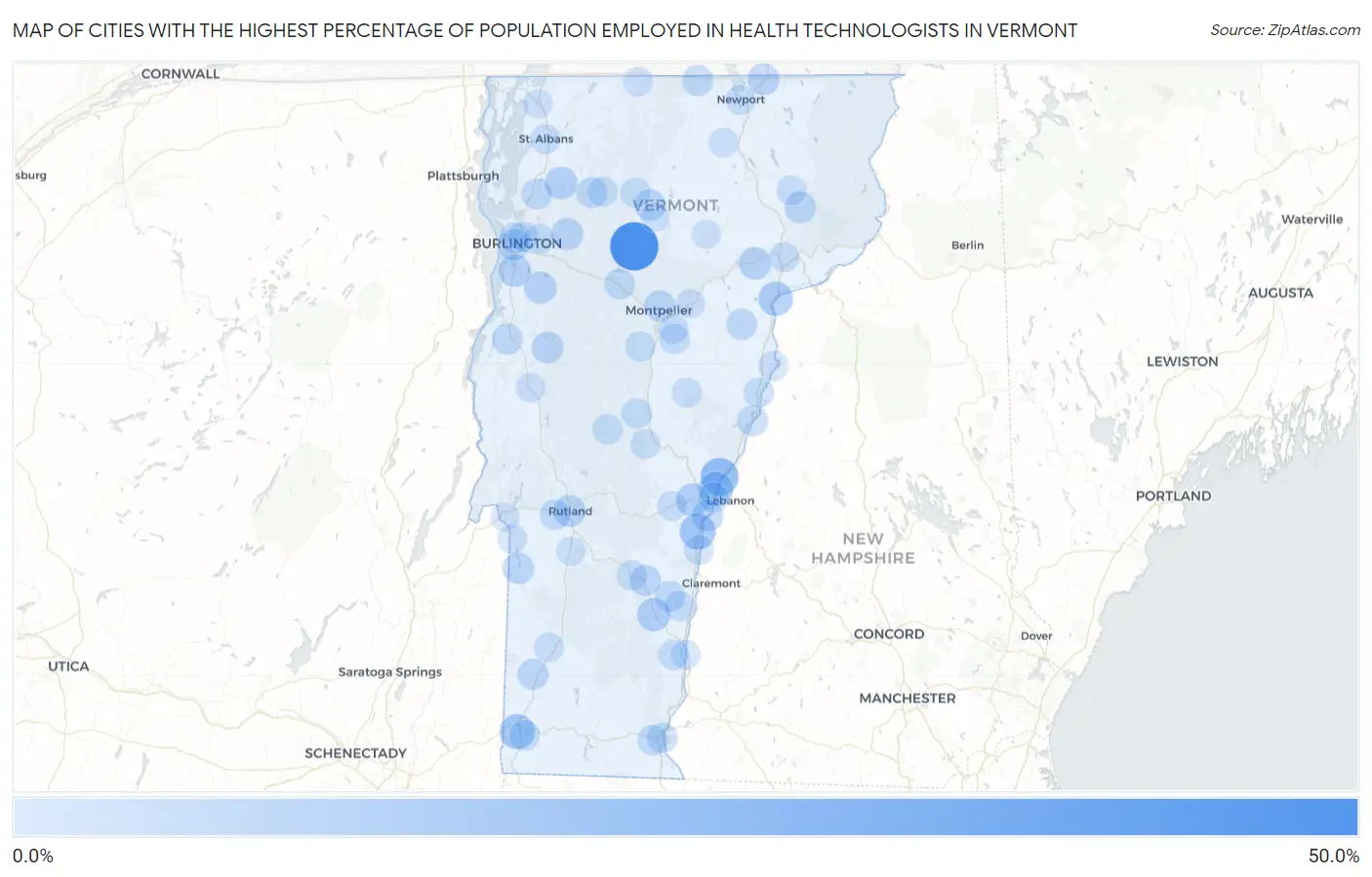 Cities with the Highest Percentage of Population Employed in Health Technologists in Vermont Map