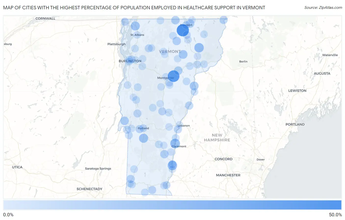 Cities with the Highest Percentage of Population Employed in Healthcare Support in Vermont Map