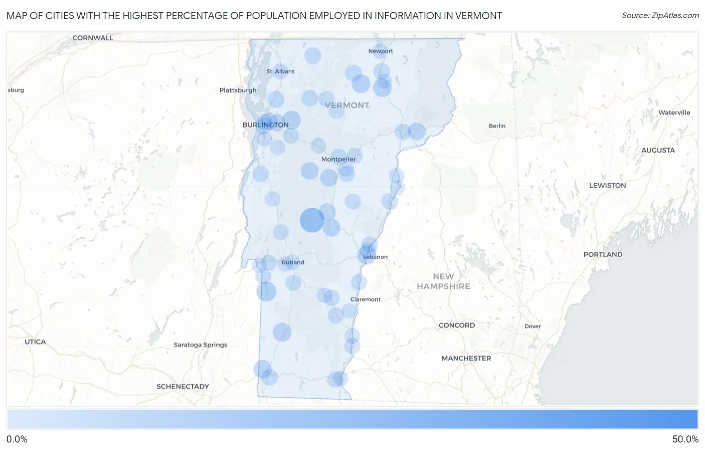 Cities with the Highest Percentage of Population Employed in Information in Vermont Map