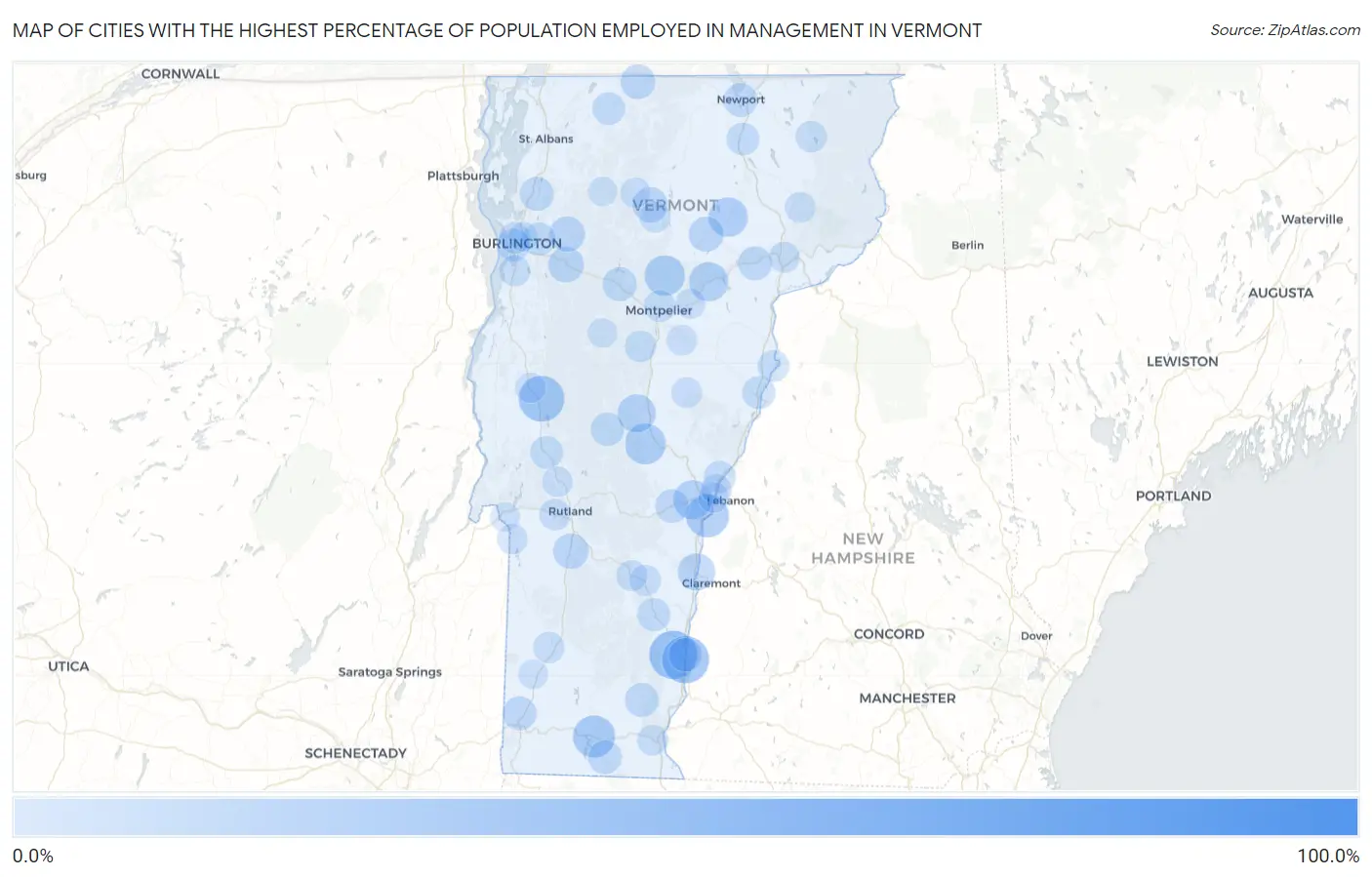 Cities with the Highest Percentage of Population Employed in Management in Vermont Map