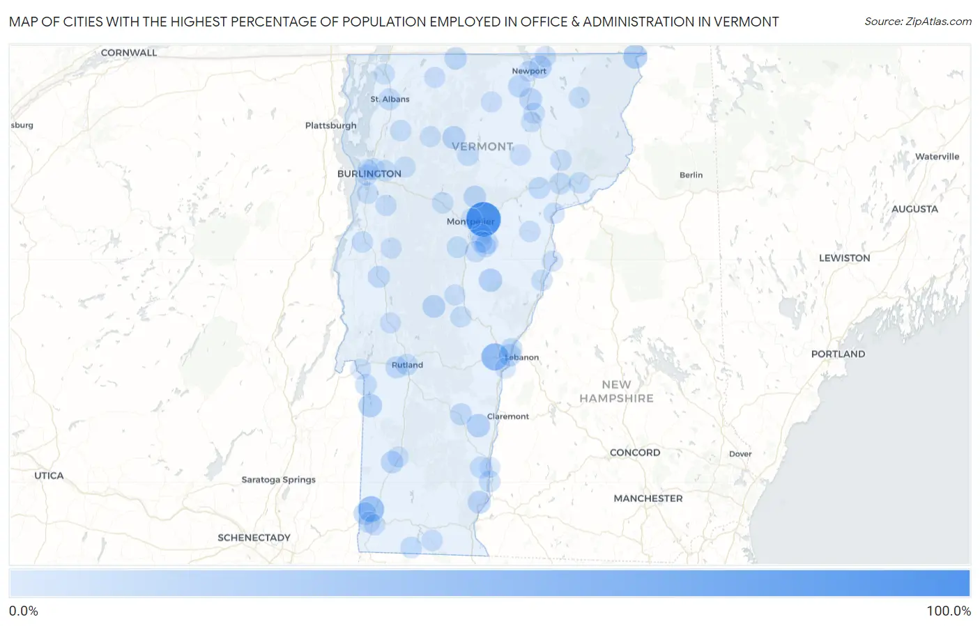 Cities with the Highest Percentage of Population Employed in Office & Administration in Vermont Map