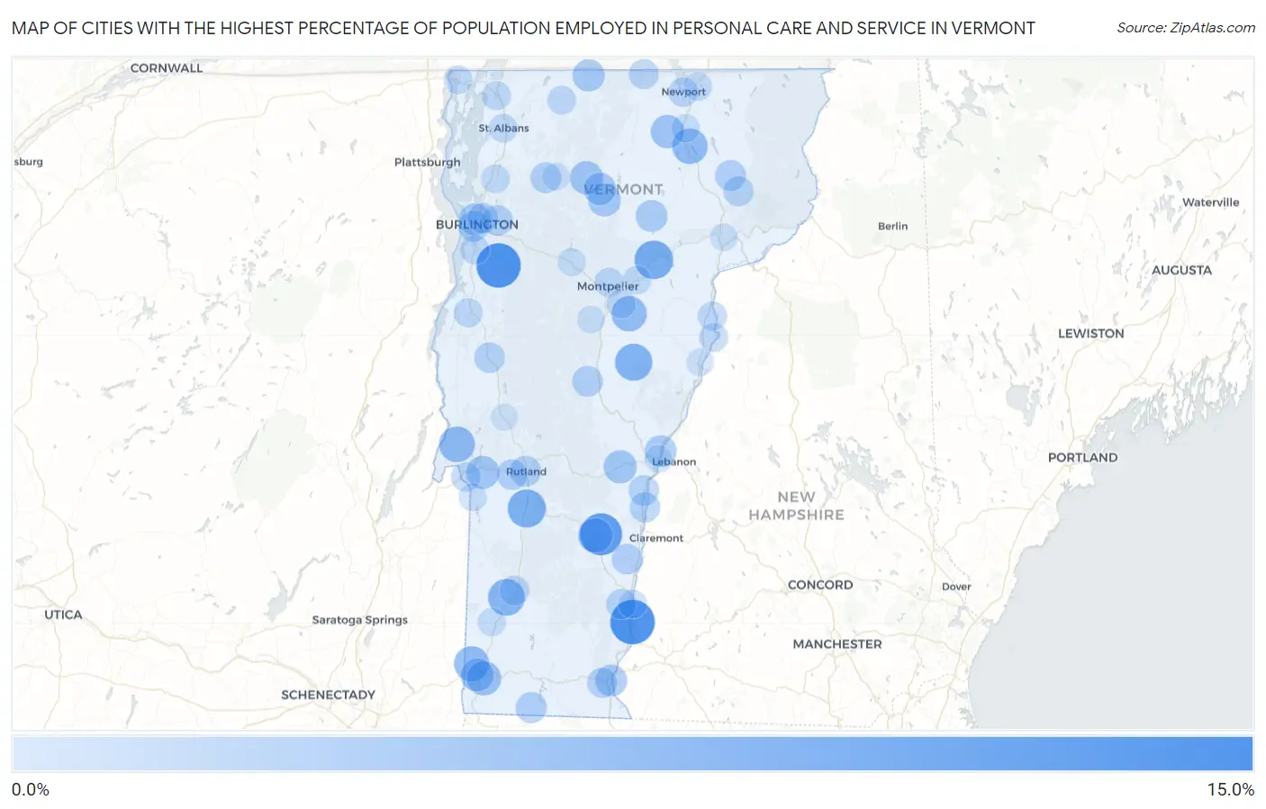 Cities with the Highest Percentage of Population Employed in Personal Care and Service in Vermont Map