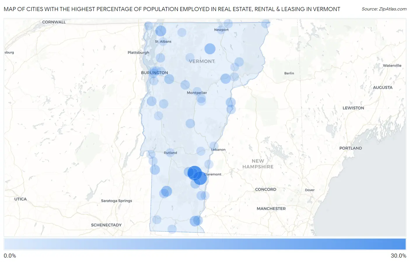 Cities with the Highest Percentage of Population Employed in Real Estate, Rental & Leasing in Vermont Map