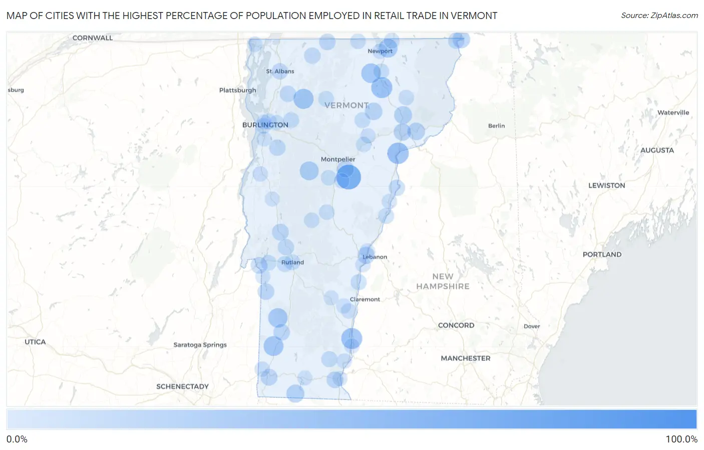 Cities with the Highest Percentage of Population Employed in Retail Trade in Vermont Map