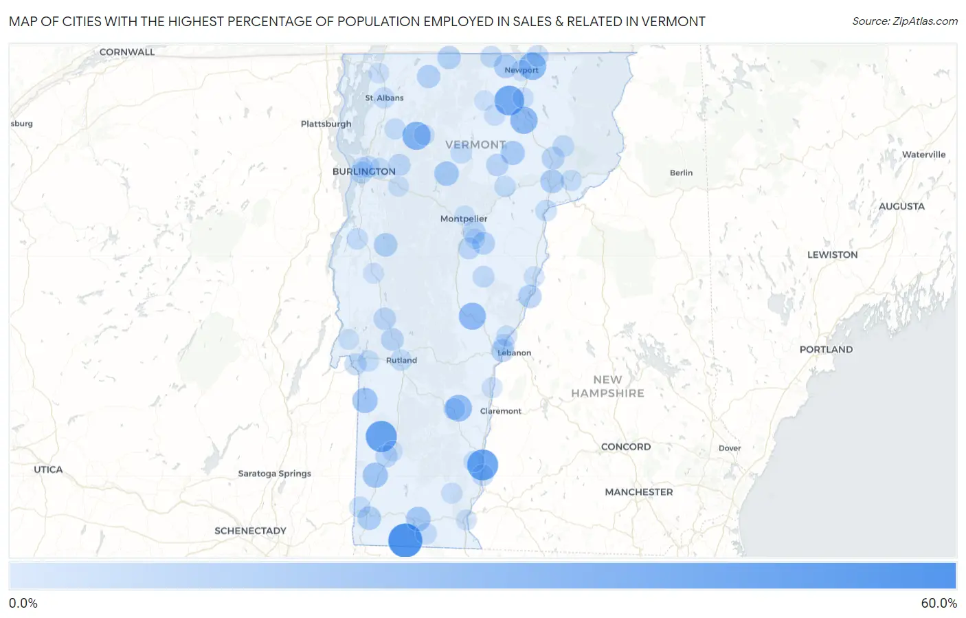 Cities with the Highest Percentage of Population Employed in Sales & Related in Vermont Map