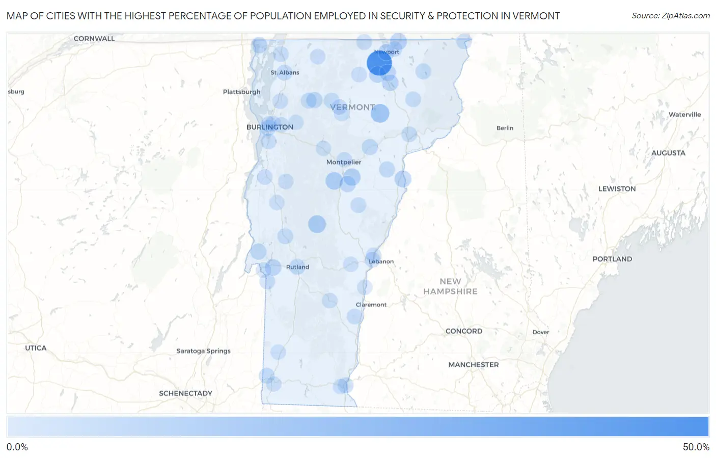 Cities with the Highest Percentage of Population Employed in Security & Protection in Vermont Map