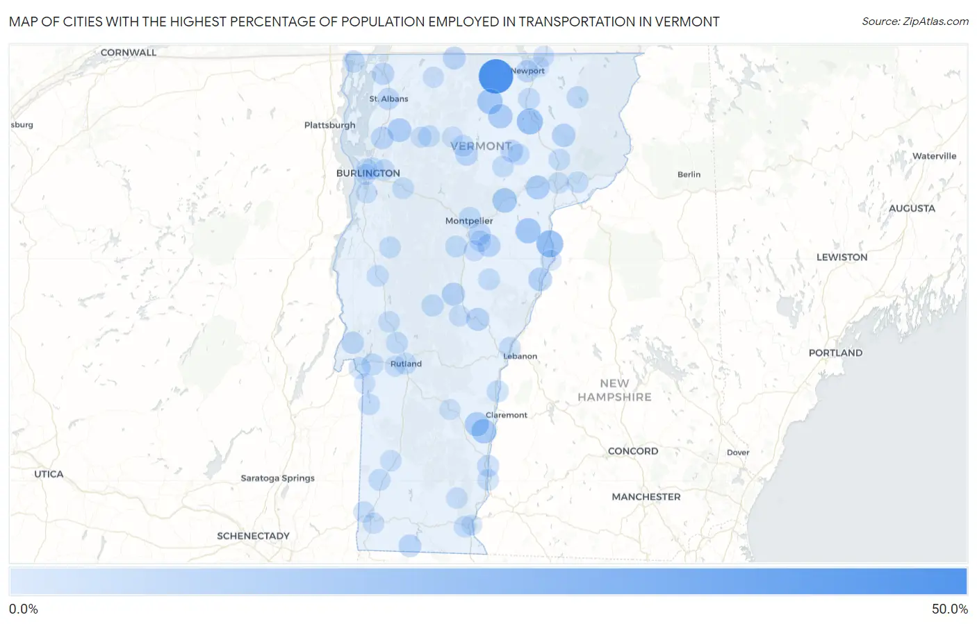 Cities with the Highest Percentage of Population Employed in Transportation in Vermont Map