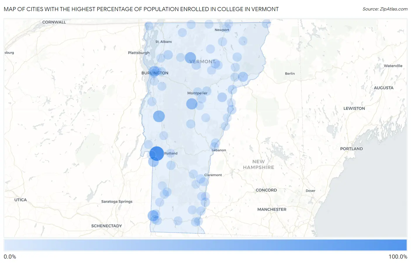 Cities with the Highest Percentage of Population Enrolled in College in Vermont Map