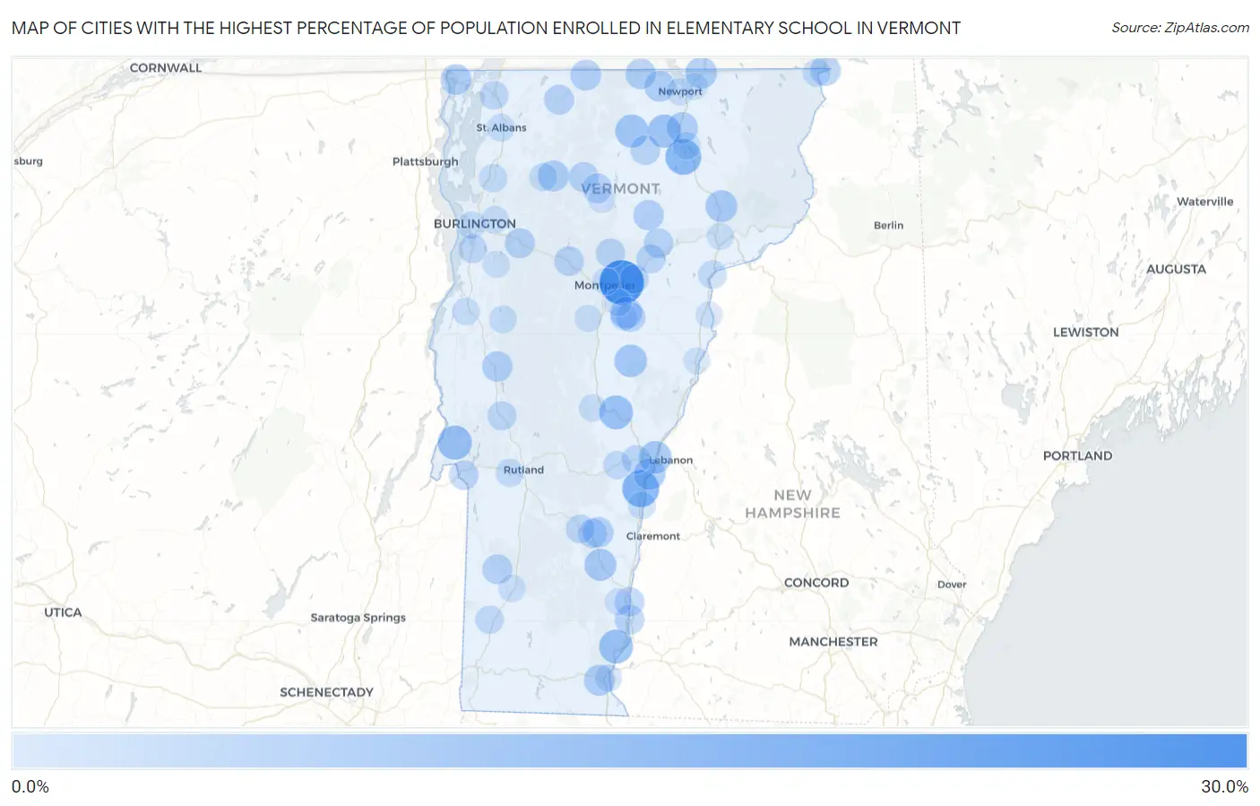 Cities with the Highest Percentage of Population Enrolled in Elementary School in Vermont Map