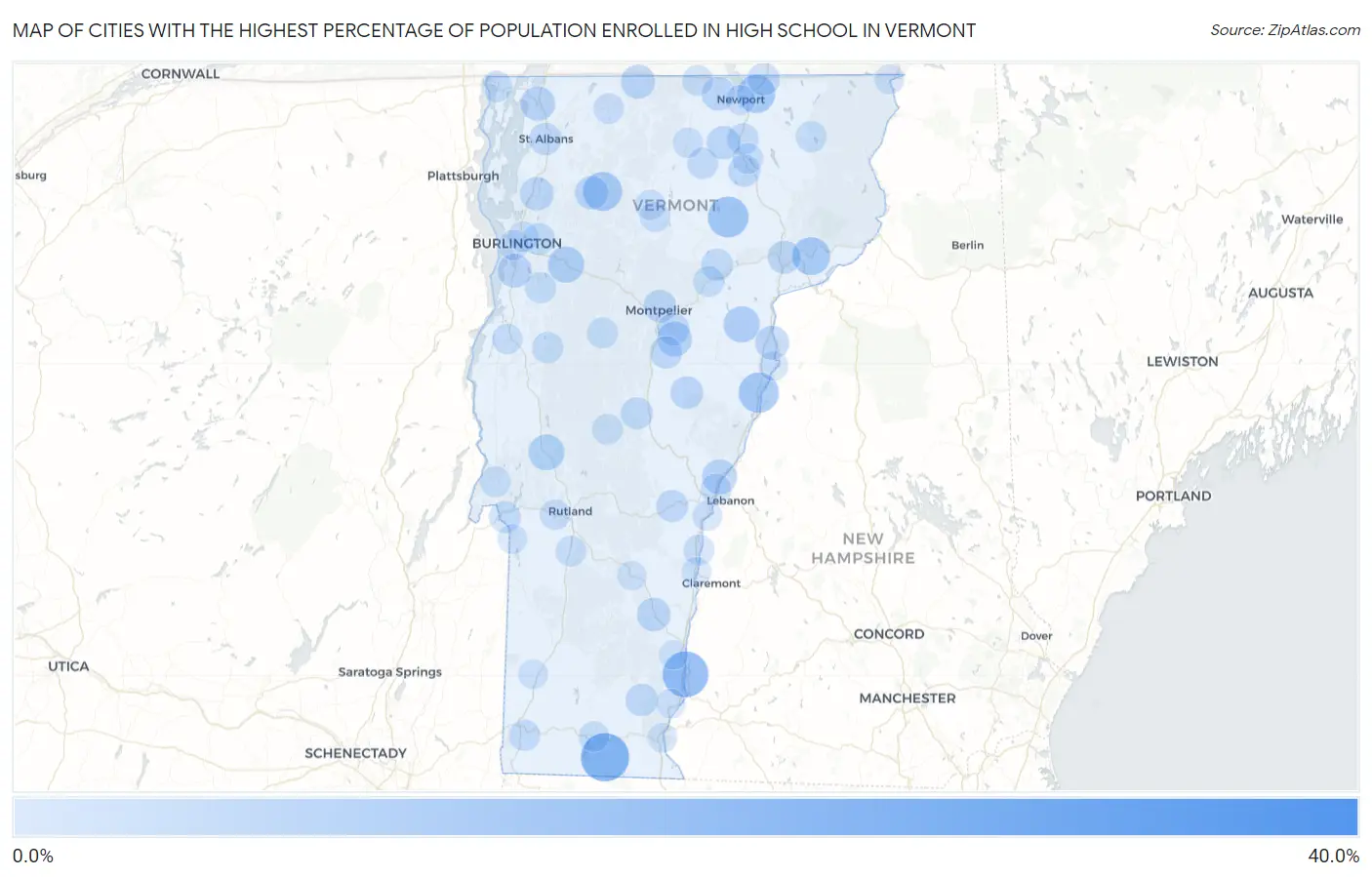 Cities with the Highest Percentage of Population Enrolled in High School in Vermont Map