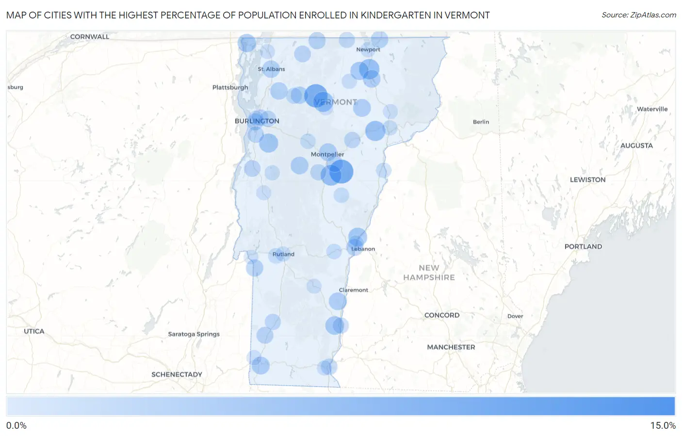 Cities with the Highest Percentage of Population Enrolled in Kindergarten in Vermont Map