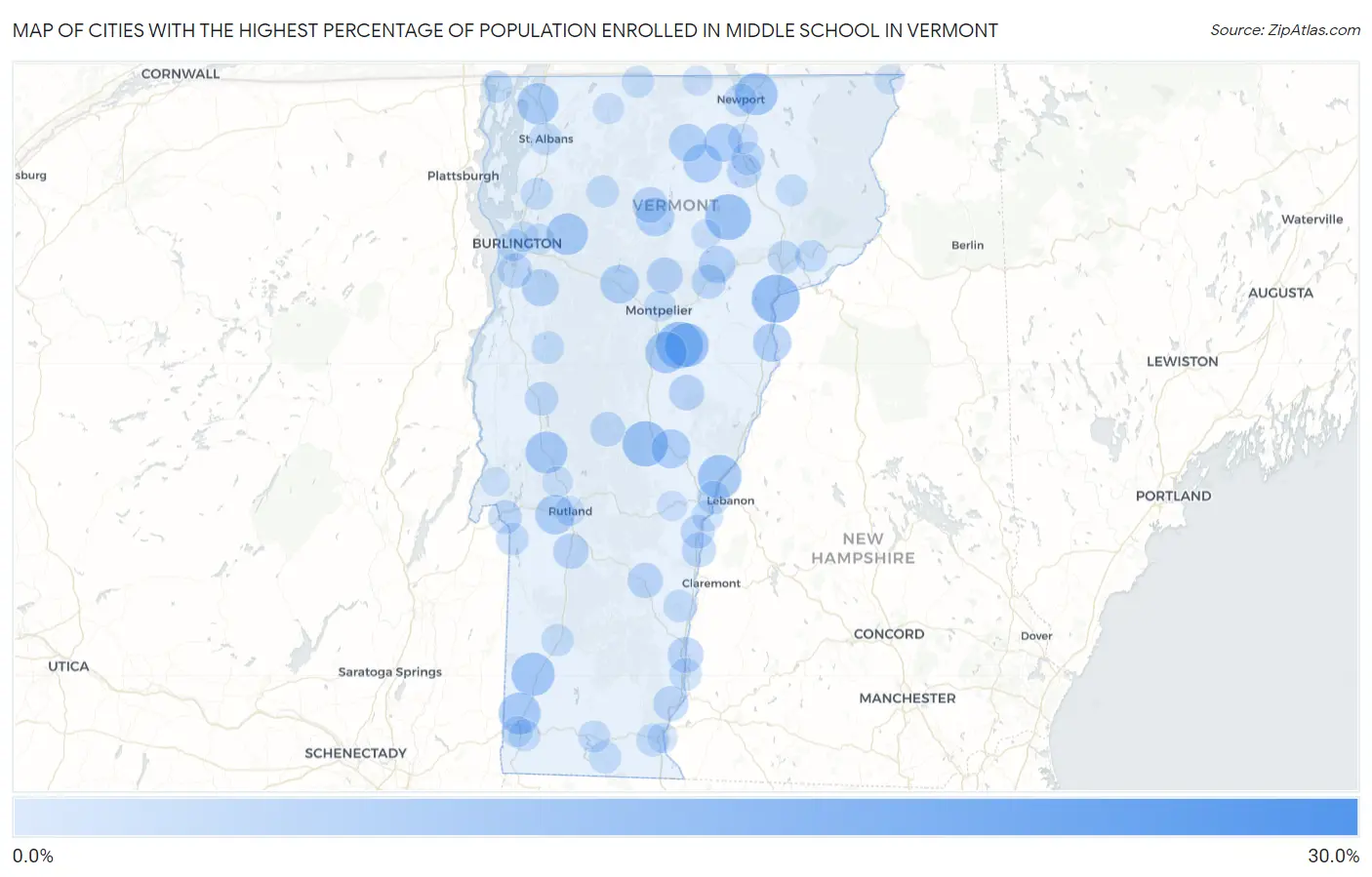 Cities with the Highest Percentage of Population Enrolled in Middle School in Vermont Map