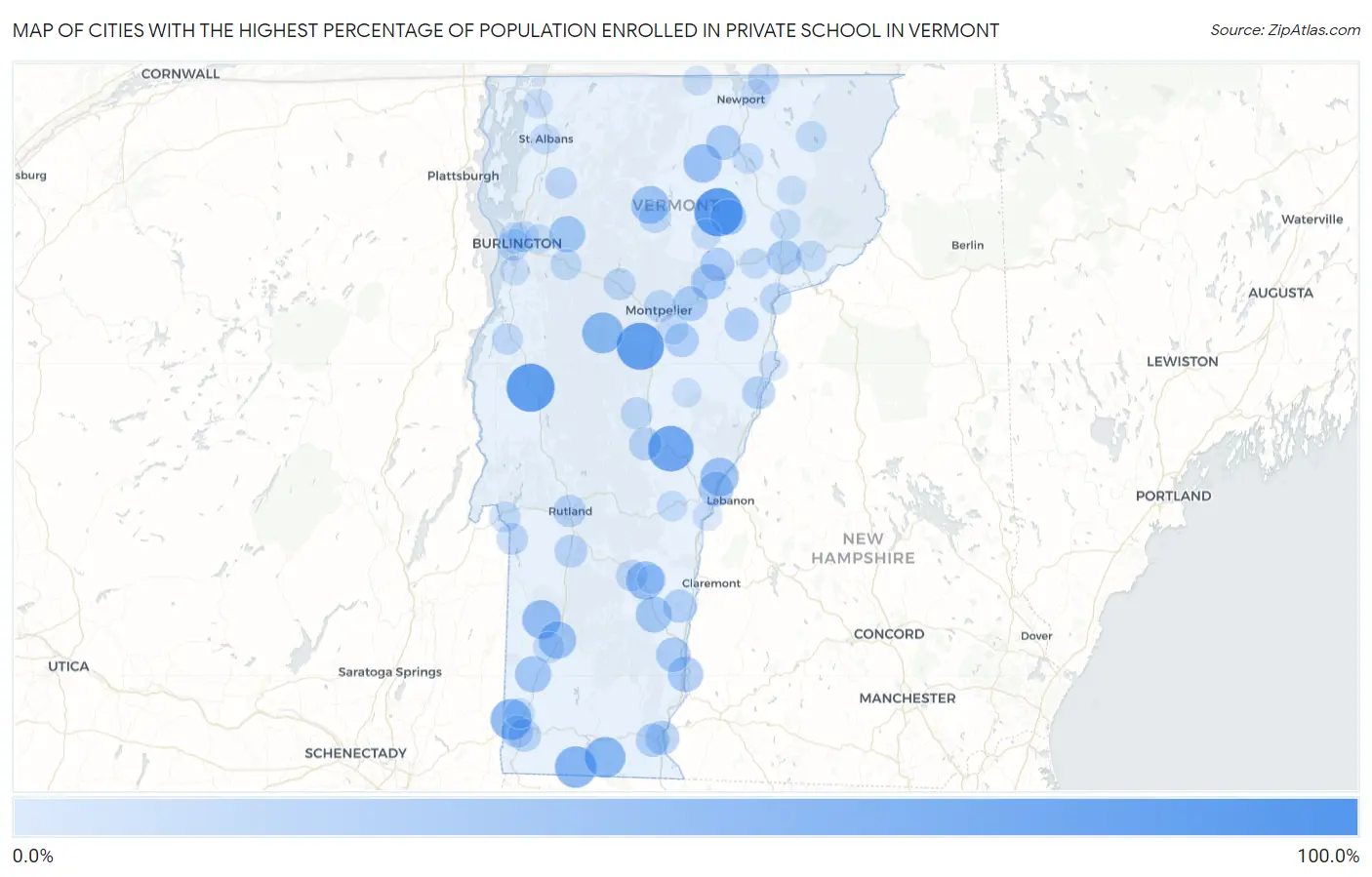 Cities with the Highest Percentage of Population Enrolled in Private School in Vermont Map
