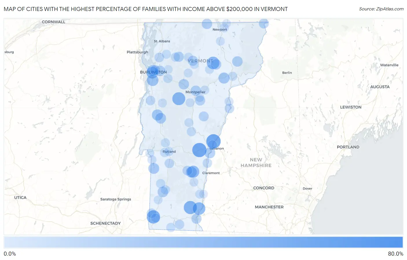 Cities with the Highest Percentage of Families with Income Above $200,000 in Vermont Map
