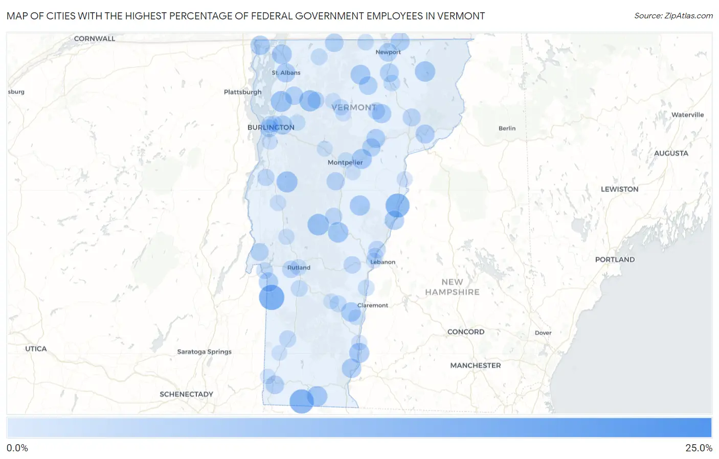 Cities with the Highest Percentage of Federal Government Employees in Vermont Map