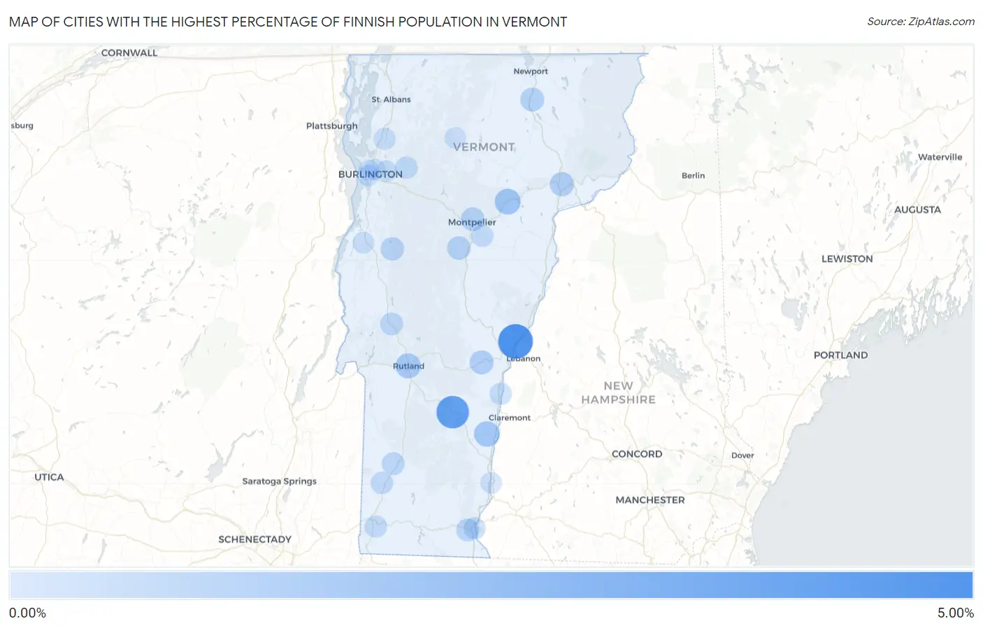 Cities with the Highest Percentage of Finnish Population in Vermont Map